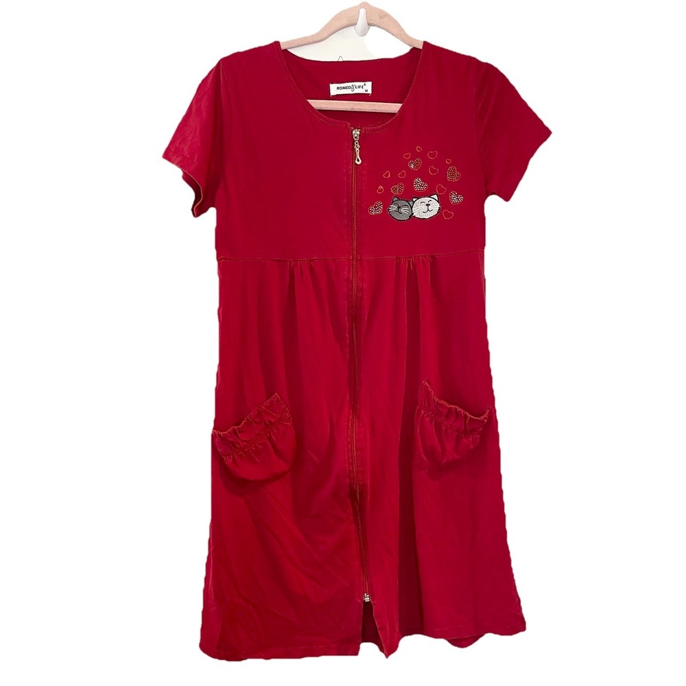 Romeo and Life Kids Red Cat Embroidered Rhinestone Pocket Zip Front Dress M